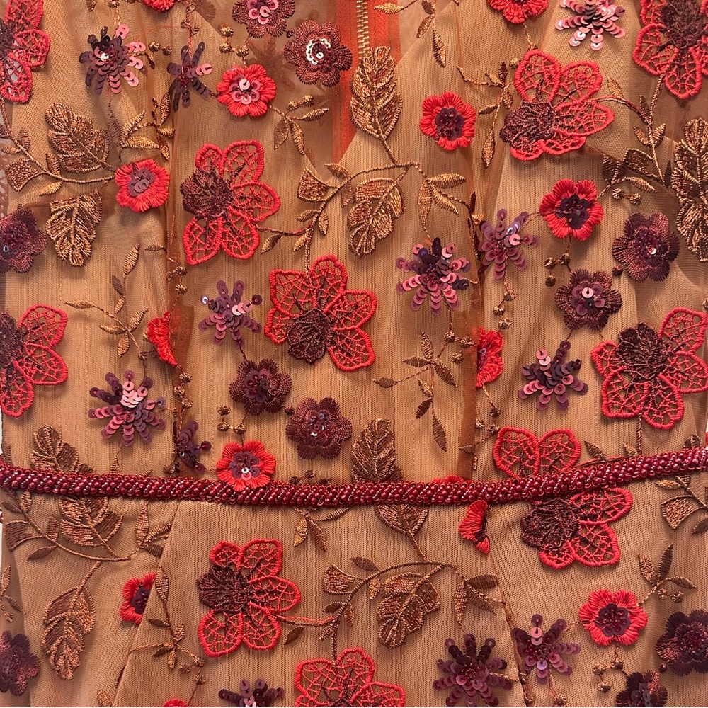 Bronx & Bronco Embroidered Floral Sheath Dress - Red on Nude size small - Picture 3 of 8